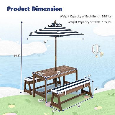 Kids Picnic Table and Bench Set with Cushions and Height Adjustable Umbrella