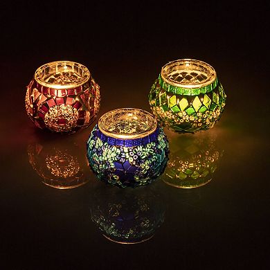 2.4 in. Handmade Ecru and Blue and Green Mosaic Glass Tealight Candle Holder (Set of 3)