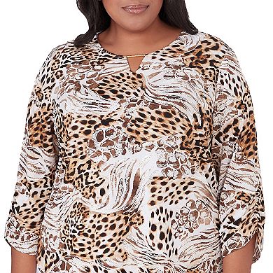 Plus Size Alfred Dunner Puff Print Mixed Animal Print Split Neck Top