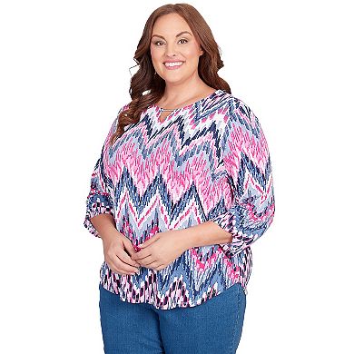 Plus Size Alfred Dunner Puff Print Ikat Chevron Split Neck Top