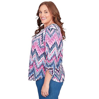 Plus Size Alfred Dunner Puff Print Ikat Chevron Split Neck Top