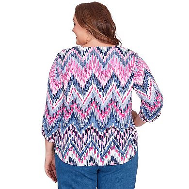 Plus Size Alfred Dunner Puff Print Ikat Chevron Split Neck Top