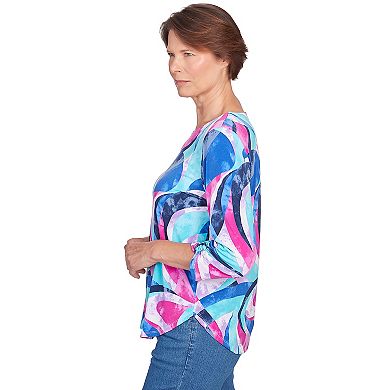 Petite Alfred Dunner Puff Print Stained Glass Swirl Split Neck Top