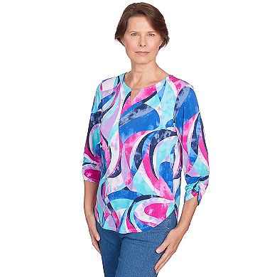Women's Alfred Dunner Puff Print Stained Glass Swirl Split Neck Top