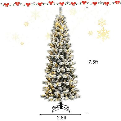 Pre-Lit Hinged Christmas Tree Snow Flocked with 9 Modes Lights-7.5 ft