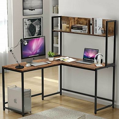 Reversible L-shaped Corner Desk With Storage Bookshelf