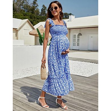 Smocked Maternity Boho Dress Casual Spaghetti Strap Ruffle Sleeveless Swing Summer Maxi Dress