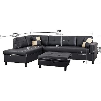 F.c Design 3 Piece Modular Sofa Set - Faux Leather Right Side Lounger With Free Storage Footrest