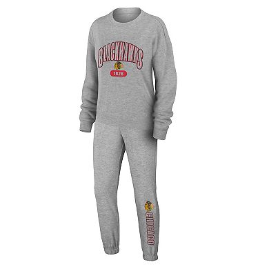 Women's WEAR by Erin Andrews Heather Gray Chicago Blackhawks Knit Long Sleeve Tri-Blend T-Shirt & Pants Sleep Set