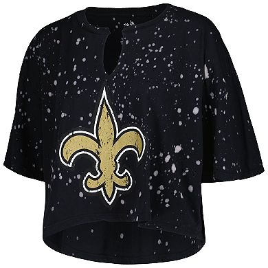 Women's Majestic Threads Black New Orleans Saints Bleach Splatter Notch Neck Crop T-Shirt