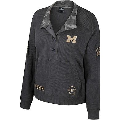 Women's Colosseum  Heather Charcoal Michigan Wolverines OHT Military Appreciation Payback Henley Thermal Sweatshirt