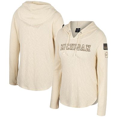 Women's Colosseum Cream Michigan Wolverines OHT Military Appreciation Casey Raglan Long Sleeve Hoodie T-Shirt
