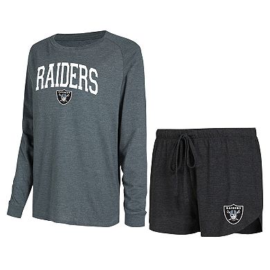 Women's Concepts Sport Black/Charcoal Las Vegas Raiders Raglan Long Sleeve T-Shirt & Shorts Lounge Set