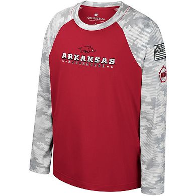 Youth Colosseum Cardinal/Camo Arkansas Razorbacks OHT Military Appreciation Dark Star Raglan Long Sleeve T-Shirt