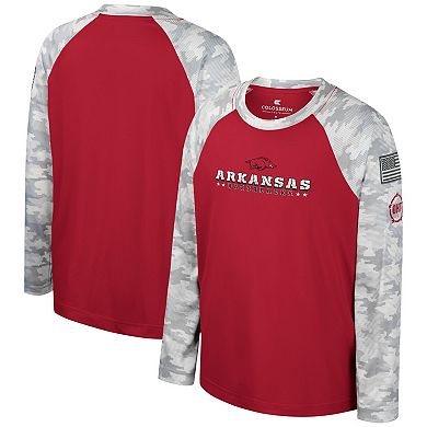 Youth Colosseum Cardinal/Camo Arkansas Razorbacks OHT Military Appreciation Dark Star Raglan Long Sleeve T-Shirt