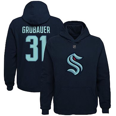 Youth Philipp Grubauer Deep Sea Blue Seattle Kraken Player Name & Number Pullover Hoodie