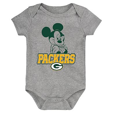 Newborn & Infant Green/Gold/Gray Green Bay Packers Three-Piece Disney Game Time Bodysuit Set
