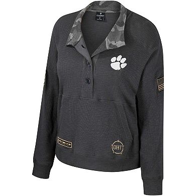 Women's Colosseum  Heather Charcoal Clemson Tigers OHT Military Appreciation Payback Henley Thermal Sweatshirt