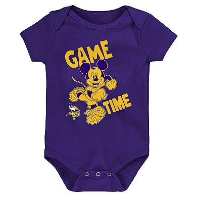 Newborn & Infant Purple/Gold/Gray Minnesota Vikings Three-Piece Disney Game Time Bodysuit Set