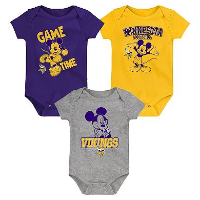 Newborn & Infant Purple/Gold/Gray Minnesota Vikings Three-Piece Disney Game Time Bodysuit Set