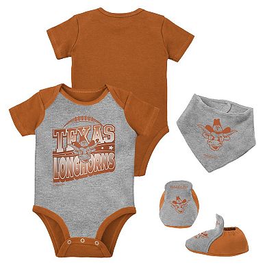 Infant Mitchell & Ness Orange/Heather Gray Texas Longhorns 3-Pack Bodysuit, Bib and Bootie Set