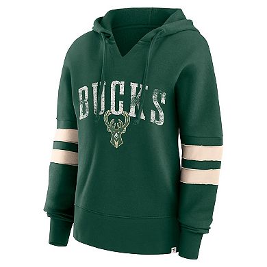 Women's Fanatics Branded Hunter Green Milwaukee Bucks Bold Move Dolman V-Neck Pullover Hoodie