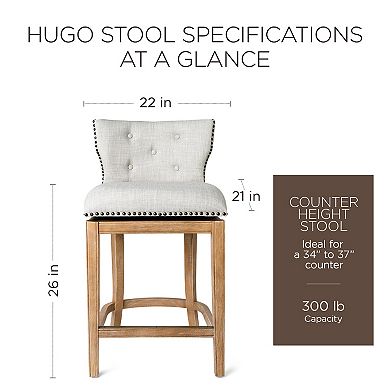 Maven Lane Hugo Counter Stool, Weathered Oak Finish Sand Color Fabric Upholstery