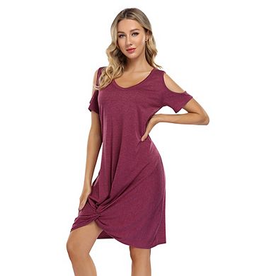 Women V Neck T-shirt Dresses Swing Short Sleeve Cold Shoulder Tunic Twist Knot Midi Shirt Dress