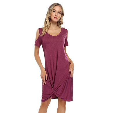 Women V Neck T-shirt Dresses Swing Short Sleeve Cold Shoulder Tunic Twist Knot Midi Shirt Dress