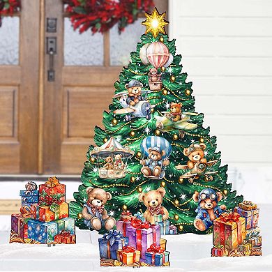 Teddy Bear Christmas Tree Set Outdoor Indoor Wood Christmas Decor By G. Debrekht