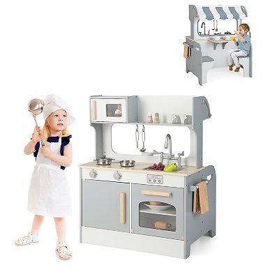 Double Sided Kids Pretend Kitchen Playset with 2-Seat Cafe-Grey