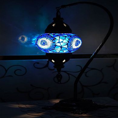 18 in. Handmade Azure Neck Brown Mosaic Glass Table Lamp with Brass Color Metal Base