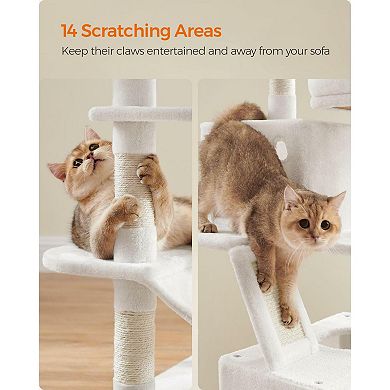 66.1-inch Large Cat Tree With 13 Scratching Posts, 2 Perches, 2 Caves, Basket, Hammock, Pompoms