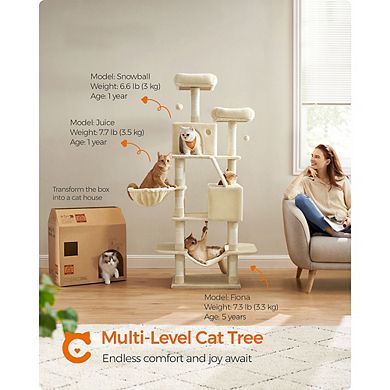 66.1-inch Large Cat Tree With 13 Scratching Posts, 2 Perches, 2 Caves, Basket, Hammock, Pompoms