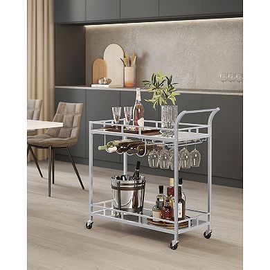 Home Bar Serving Cart, Wine Cart with 2 Mirrored Shelves, Wine Holders, Glass Holders, for Kitchen