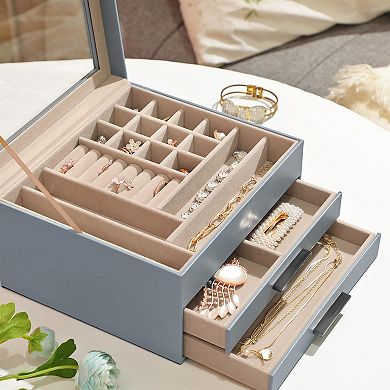 Jewelry Box With Glass Lid, 3-layer Jewelry Organizer With 2 Drawers, Gift For Loved Ones