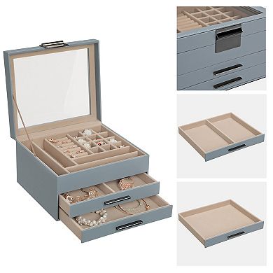 Jewelry Box With Glass Lid, 3-layer Jewelry Organizer With 2 Drawers, Gift For Loved Ones