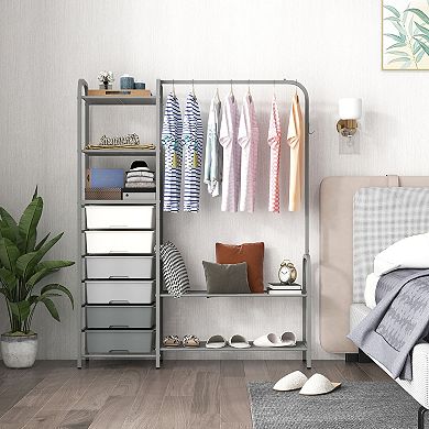 Free Standing Closet Organizer with Removable Drawers and Shelves-Grey