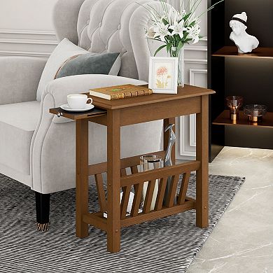 2-Tier End Table with Pull-out Tray and Solid Rubber Wood Legs