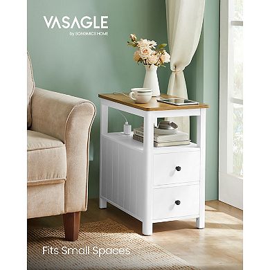 Side Table With Charging Station, Narrow Nightstand With 2 Drawers