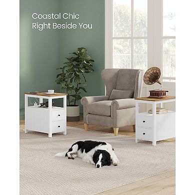 Side Table With Charging Station, Narrow Nightstand With 2 Drawers