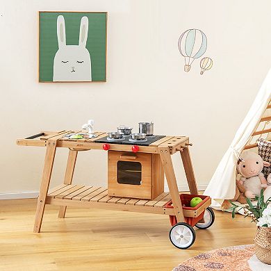 Wooden Play Cart with Sun Proof Umbrella for Toddlers Over 3 Years Old