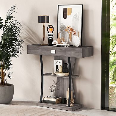 Console Table with Drawer and 2-Tier Shelves for Entryway Living Room