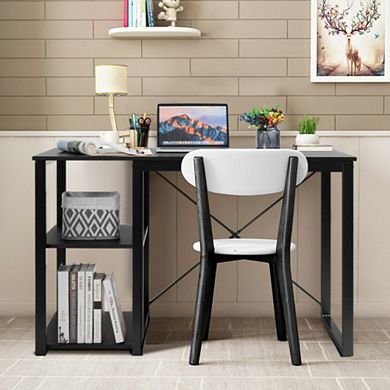 Computer Desk with Wicker Top & 2 Storage Shelves-Black Desk