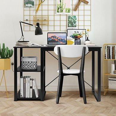 Computer Desk with Wicker Top & 2 Storage Shelves-Black Desk