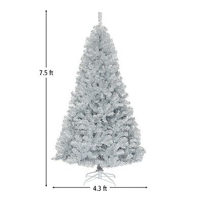 7.5 Feet Hinged Unlit Artificial Silver Tinsel Christmas Tree