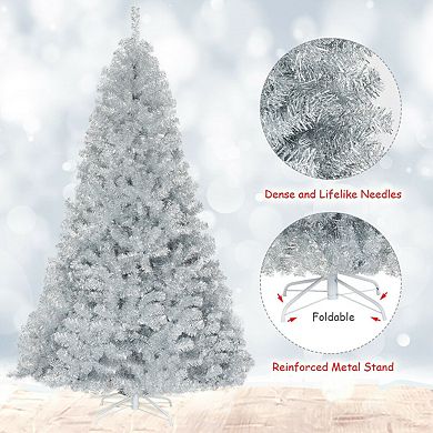 7.5 Feet Hinged Unlit Artificial Silver Tinsel Christmas Tree