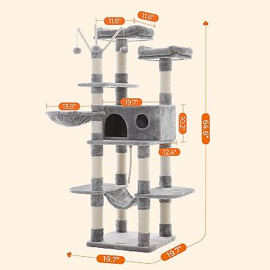 Large Cat Tree, Cat Activity Center With Hammock, Basket, Removable Fur Ball Sticks, Cat Condo