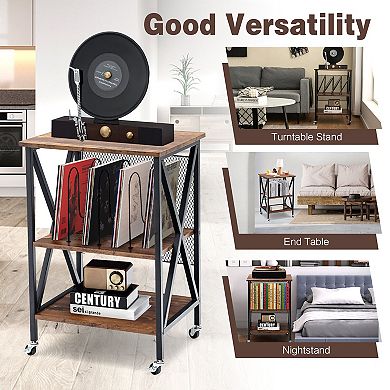3 Tiers Vintage Style Rolling End Table with 3 Dividers for Albums-Brown