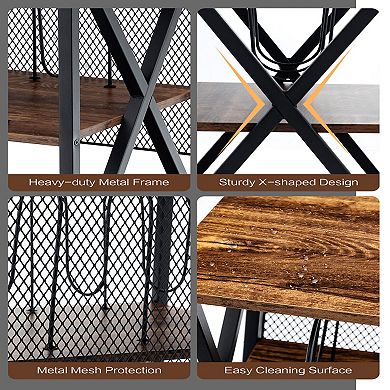 3 Tiers Vintage Style Rolling End Table with 3 Dividers for Albums-Brown